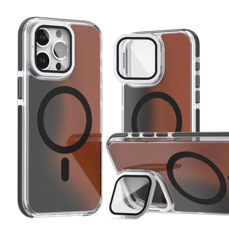 

For iPhone 15 Pro Max MagSafe Gradient Color Lens Film Phone Case with Lens Fold Holder(Black)