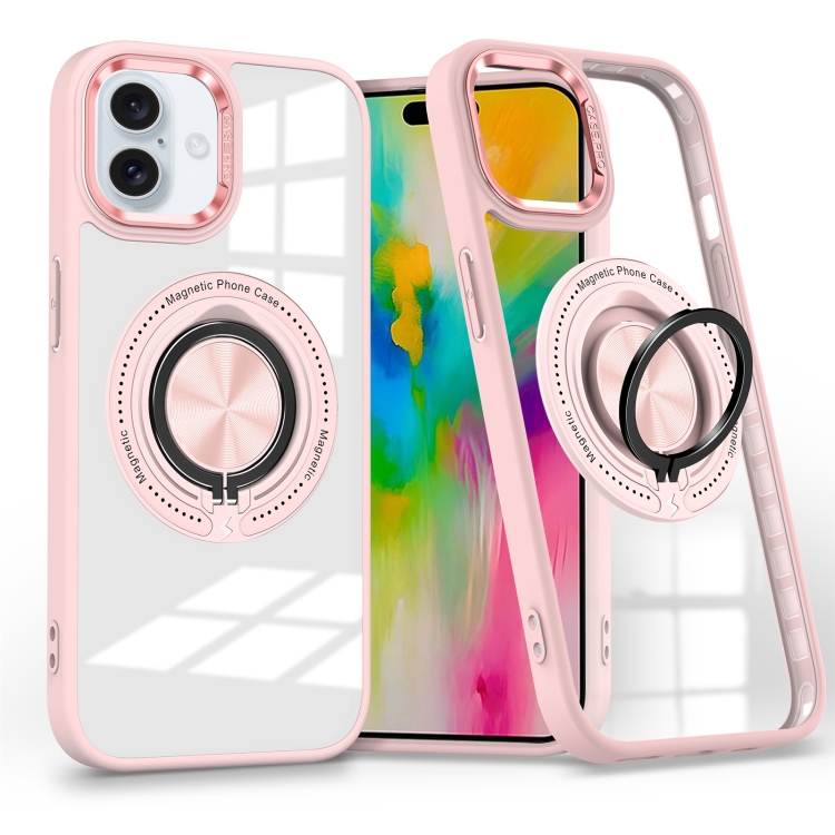 

For iPhone 16 Plus Magnetic Rotating Ring Holder Phone Case(Pink)