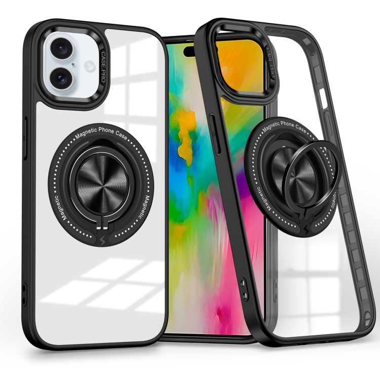 

For iPhone 16 Magnetic Rotating Ring Holder Phone Case(Black)