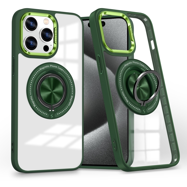 

For iPhone 15 Pro Magnetic Rotating Ring Holder Phone Case(Dark Green)