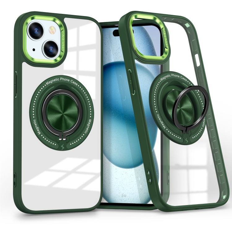 

For iPhone 15 Magnetic Rotating Ring Holder Phone Case(Dark Green)