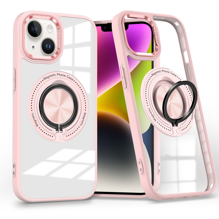 

For iPhone 14 Plus Magnetic Rotating Ring Holder Phone Case(Pink)