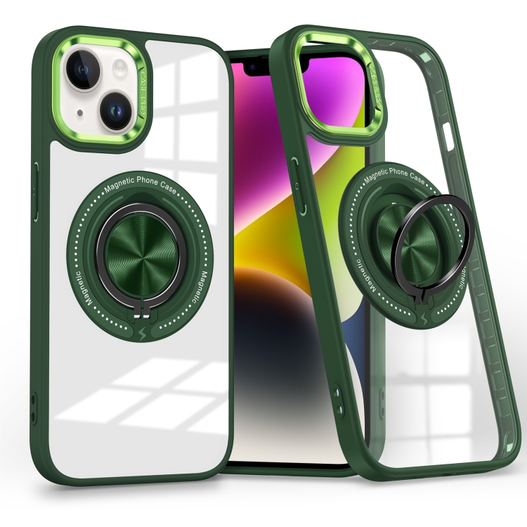

For iPhone 14 Plus Magnetic Rotating Ring Holder Phone Case(Dark Green)