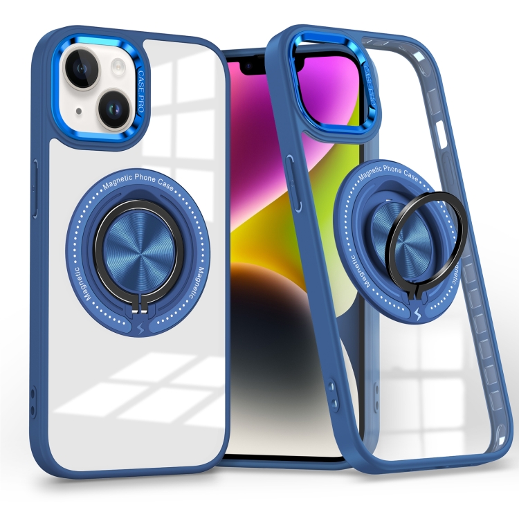 

For iPhone 14 Plus Magnetic Rotating Ring Holder Phone Case(Dark Blue)