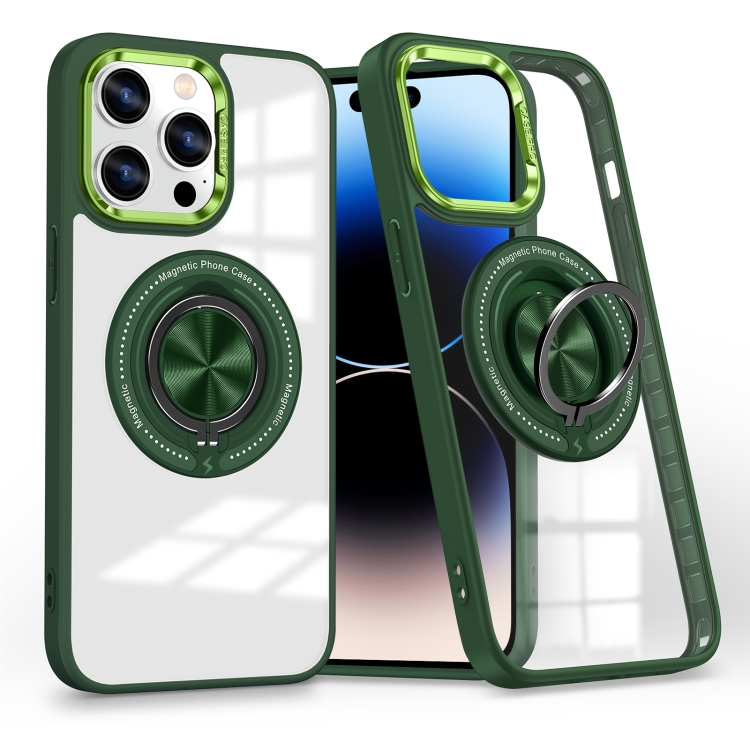 

For iPhone 14 Pro Magnetic Rotating Ring Holder Phone Case(Dark Green)