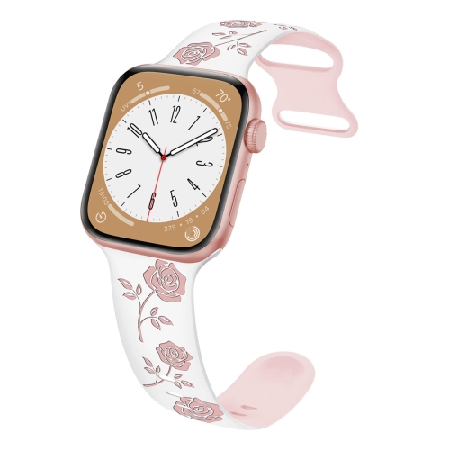 

For Apple Watch SE 2023 44mm Two-color Rose Engraved Silicone Watch Band(White Pink)