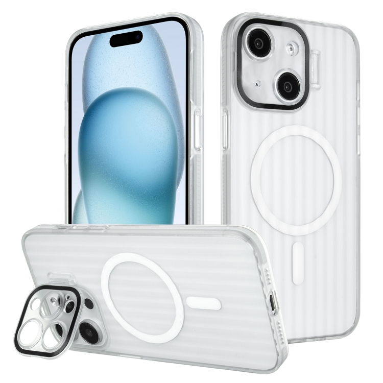 

For iPhone 15 Color Edge Lens Holder MagSafe Magnetic Phone Case(White)