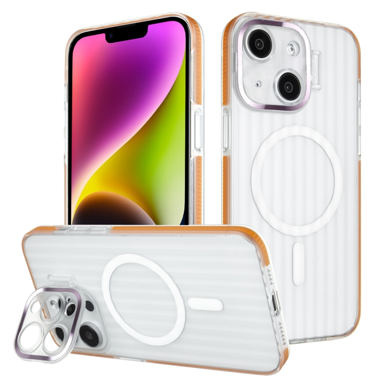 

For iPhone 14 Plus Color Edge Lens Holder MagSafe Magnetic Phone Case(Orange)