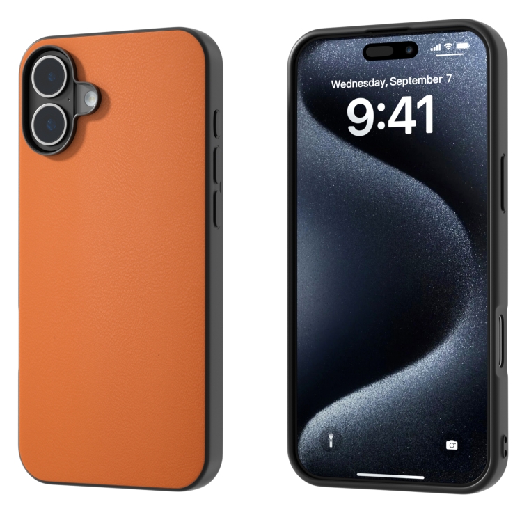

For iPhone 16 Plus PU Leather Black Frame Full Coverage Phone Case(Orange)