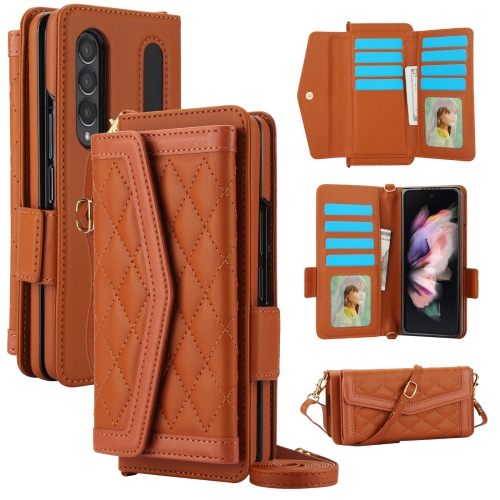 

For Samsung Galaxy Z Fold3 5G Splicing Rhombic Texture Card Holder Phone Case with Lanyard, Not Included Pen(Brown)