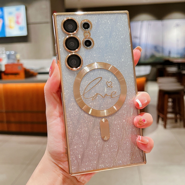 

For Samsung Galaxy S25 Ultra 5G Dual-Love Leaves Gradient Glitter MagSafe TPU Phone Case(Gold)