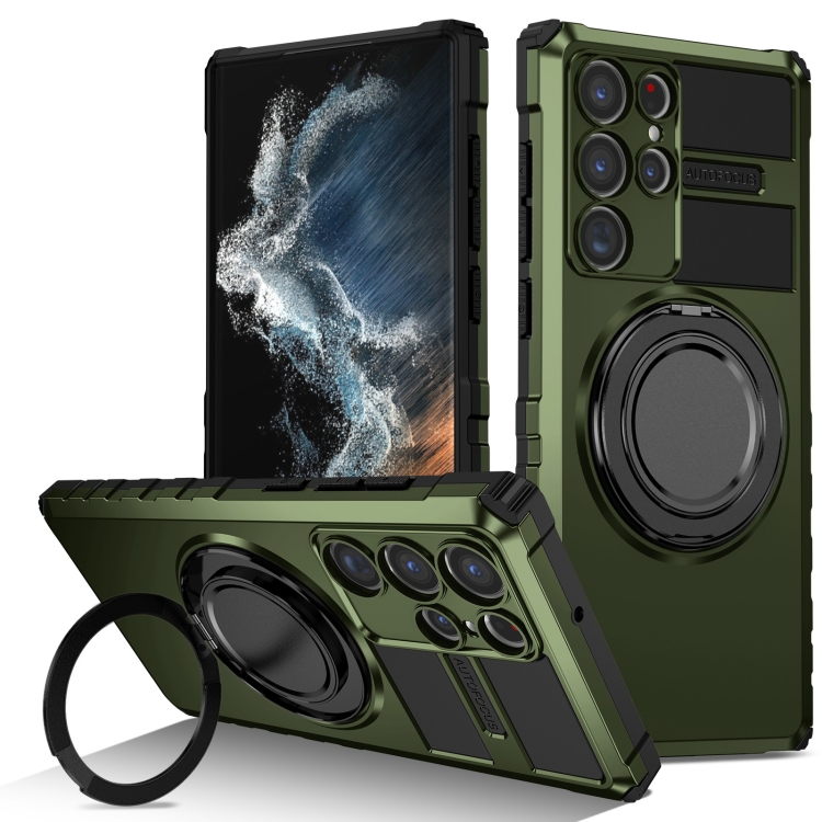 

For Samsung Galaxy S22 Ultra 5G Rotating Magnetic Holder Phone Case(Dark Green)