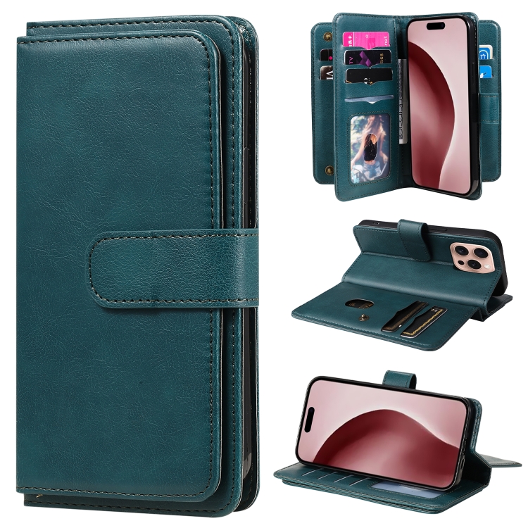 

For iPhone 16 Pro Multi-Function Wallet 10 Card Slots Leather Phone Case(Dark Green)