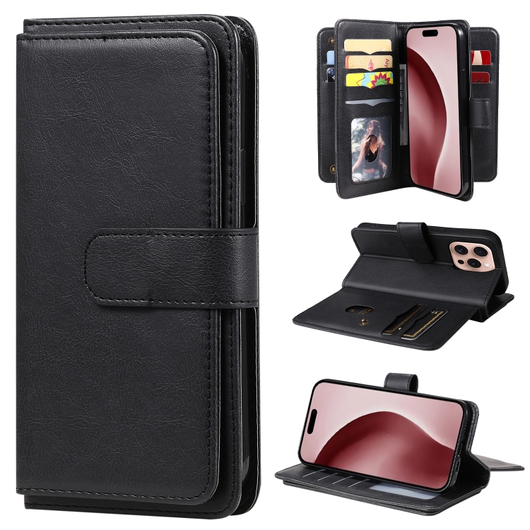 

For iPhone 16 Pro Multi-Function Wallet 10 Card Slots Leather Phone Case(Black)