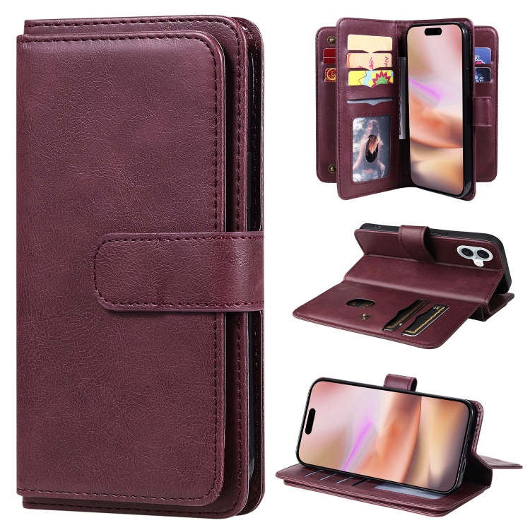 

For iPhone 16 Plus Multi-Function Wallet 10 Card Slots Leather Phone Case(Claret)