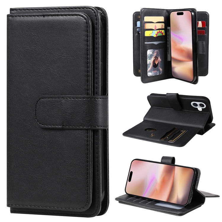 

For iPhone 16 Plus Multi-Function Wallet 10 Card Slots Leather Phone Case(Black)