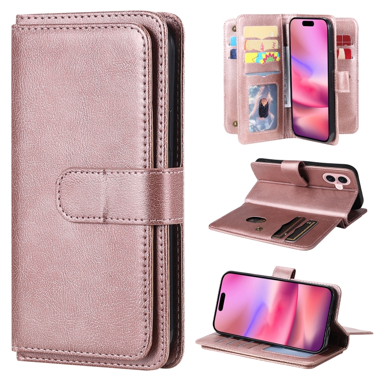 

For iPhone 16 Multi-Function Wallet 10 Card Slots Leather Phone Case(Rose Gold)