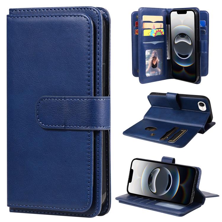 

For iPhone 16e Multi-Function Wallet 10 Card Slots Leather Phone Case(Dark Blue)