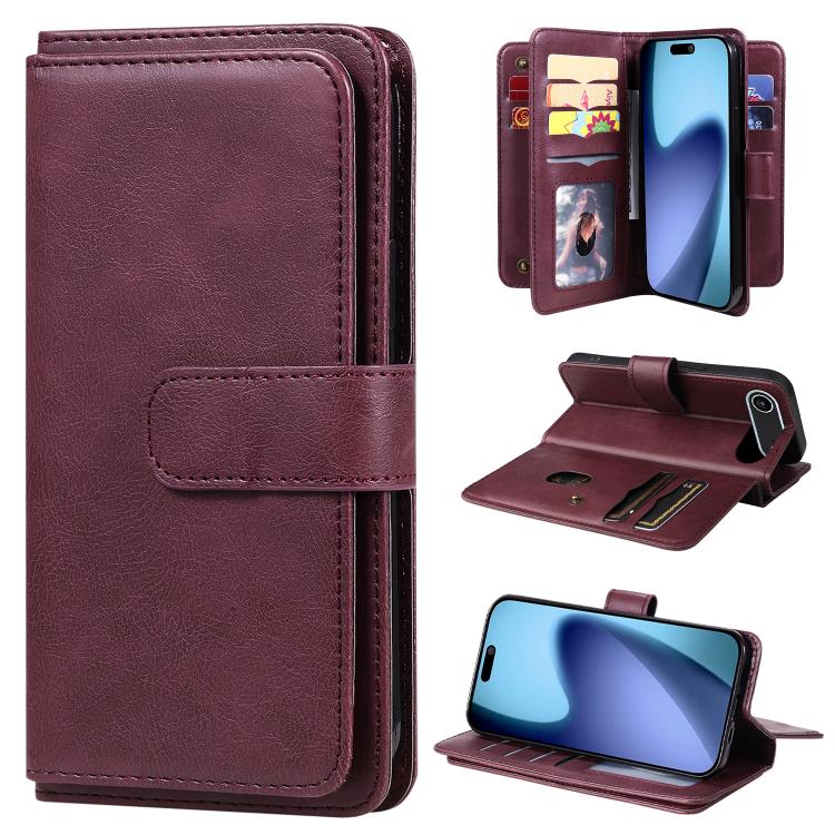 

For iPhone 17 Air Multi-Function Wallet 10 Card Slots Leather Phone Case(Claret)