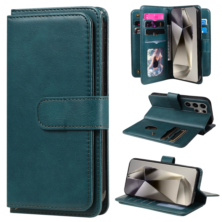 

For Samsung Galaxy S25 Ultra 5G Multi-Function Wallet 10 Card Slots Leather Phone Case(Dark Green)