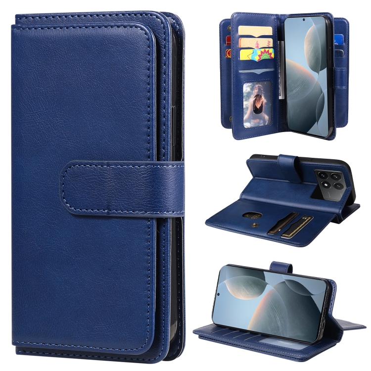 

For Redmi K70 Multi-Function Wallet 10 Card Slots Leather Phone Case(Dark Blue)