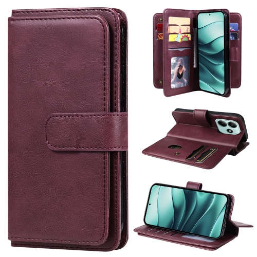 

For Redmi Note 14 5G Multi-Function Wallet 10 Card Slots Leather Phone Case(Claret)