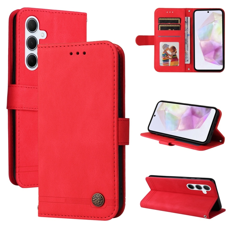 

For Samsung Galaxy M35 Skin Feel Life Tree Metal Button Leather Phone Case(Red)