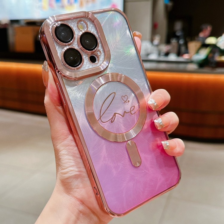 

For iPhone 15 Pro Max Dual-Love Feather Gradient Glitter Magsafe TPU Phone Case(Pink)