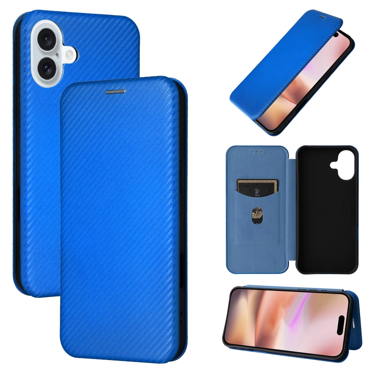 

For iPhone 16 Plus Carbon Fiber Texture Flip Leather Phone Case(Blue)