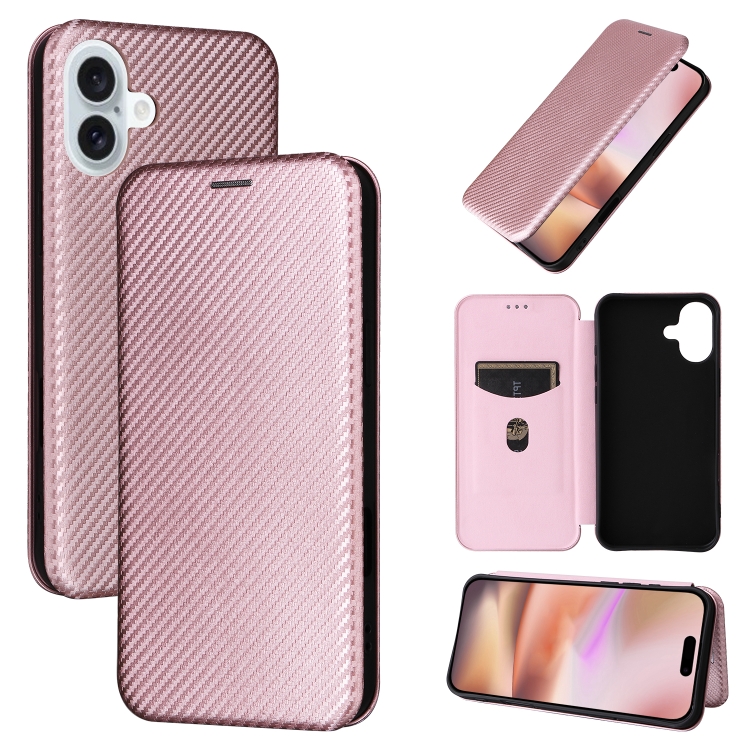 

For iPhone 16 Plus Carbon Fiber Texture Flip Leather Phone Case(Pink)