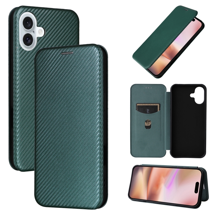 

For iPhone 16 Carbon Fiber Texture Flip Leather Phone Case(Green)