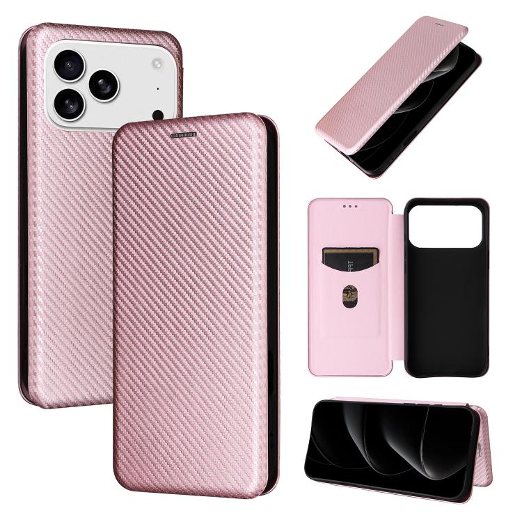 

For iPhone 17 Pro Carbon Fiber Texture Flip Leather Phone Case(Pink)