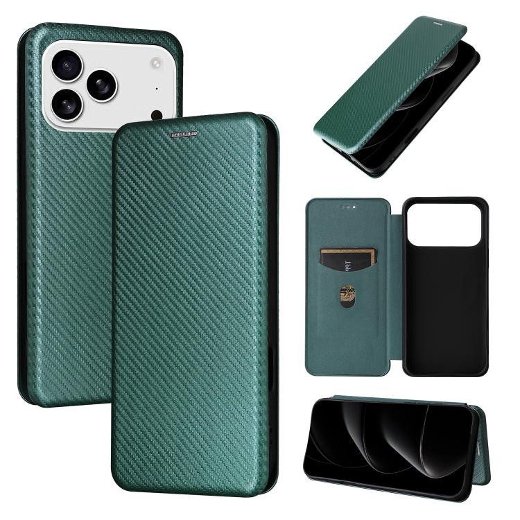 

For iPhone 17 Pro Carbon Fiber Texture Flip Leather Phone Case(Green)