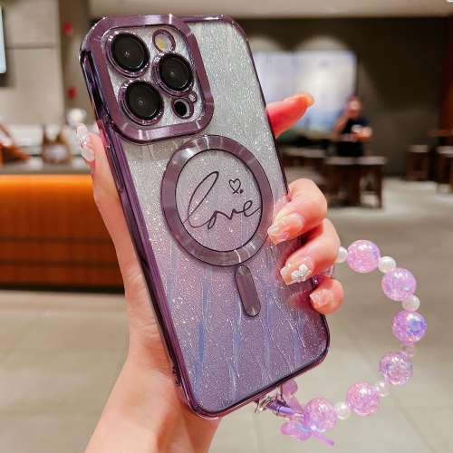 

For iPhone 14 Pro Max Dual-Love Leaves Gradient Glitter Bracelets Magsafe TPU Phone Case(Purple)