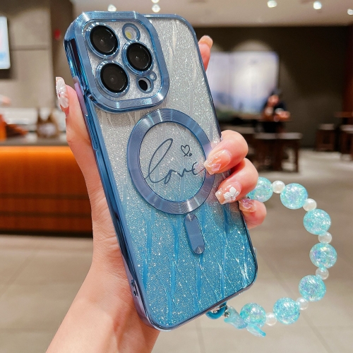 

For iPhone 11 Pro Dual-Love Leaves Gradient Glitter Bracelets Magsafe TPU Phone Case(Blue)