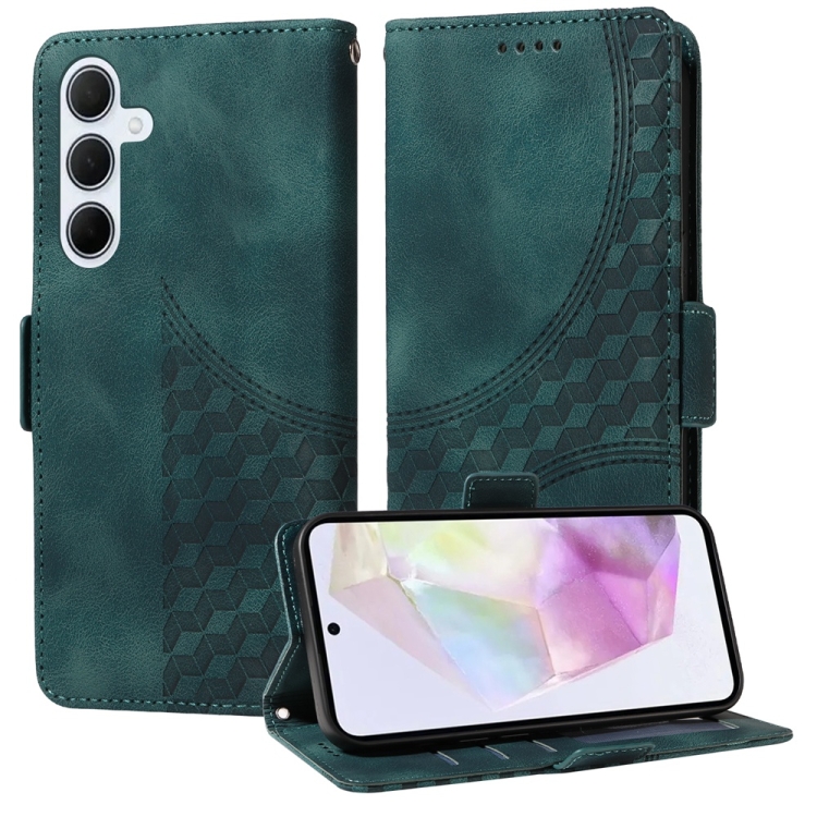 

For Samsung Galaxy M35 Embossed Rhombus Starry Leather Phone Case(Green)