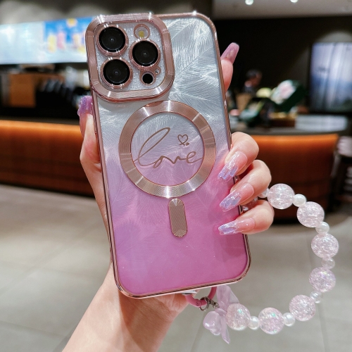 

For iPhone 15 Pro Max Dual-Love Feather Gradient Glitter Bracelets Magsafe TPU Phone Case(Pink)