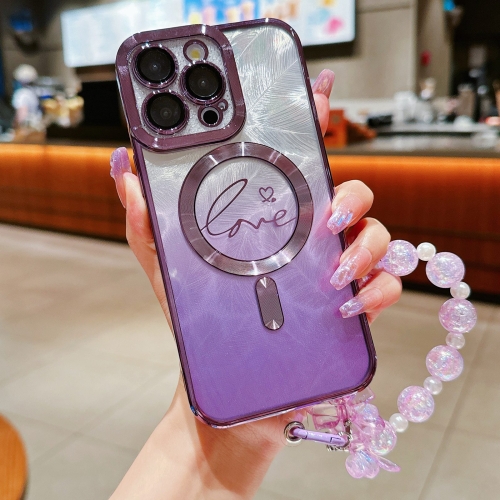 

For iPhone 14 Pro Max Dual-Love Feather Gradient Glitter Bracelets Magsafe TPU Phone Case(Purple)