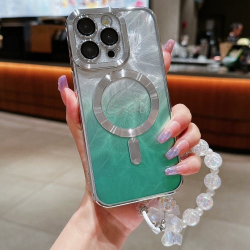 

For iPhone 11 Pro Max Dual-Love Feather Gradient Glitter Bracelets Magsafe TPU Phone Case(Green)