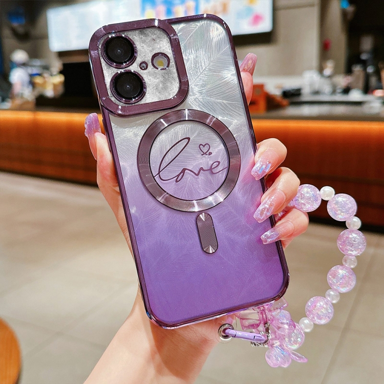 

For iPhone 16 Dual-Love Feather Gradient Glitter Bracelets Magsafe TPU Phone Case(Purple)