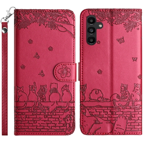 

For Samsung Galaxy S24 FE 5G Cat Embossing Pattern Leather Phone Case with Lanyard(Red)