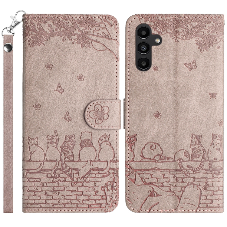

For Samsung Galaxy S24 FE 5G Cat Embossing Pattern Leather Phone Case with Lanyard(Grey)