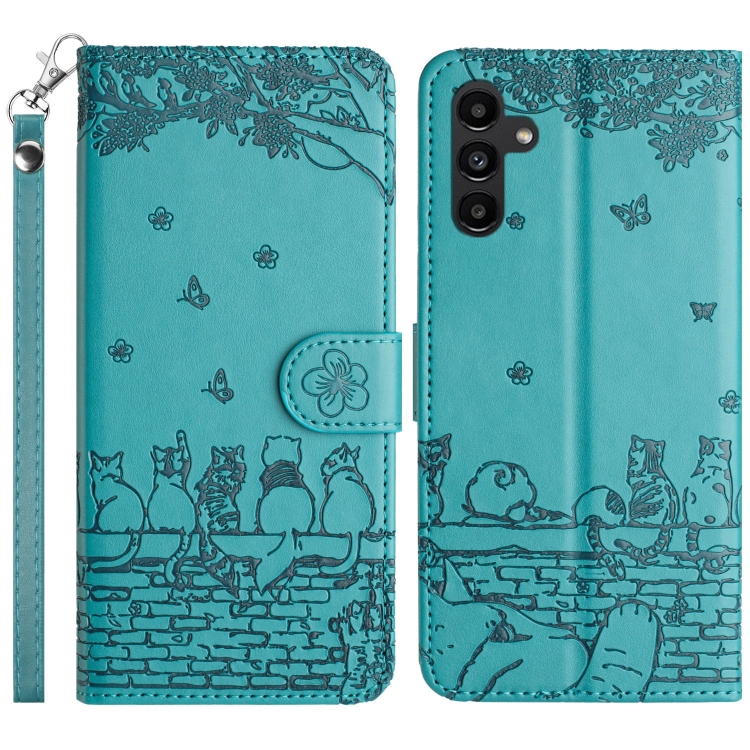

For Samsung Galaxy S25 5G Cat Embossing Pattern Leather Phone Case with Lanyard(Blue)