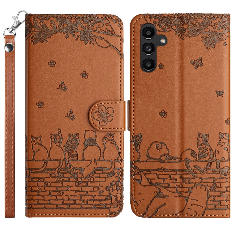 

For Samsung Galaxy S25 5G Cat Embossing Pattern Leather Phone Case with Lanyard(Brown)