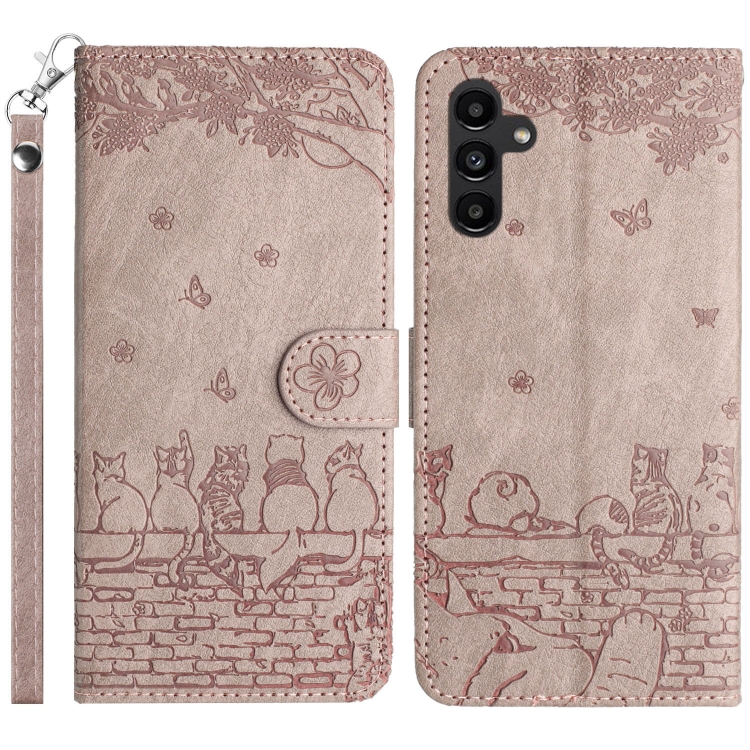 

For Samsung Galaxy S25 5G Cat Embossing Pattern Leather Phone Case with Lanyard(Grey)