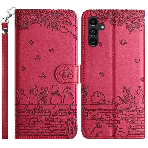 

For Samsung Galaxy S25+ 5G Cat Embossing Pattern Leather Phone Case with Lanyard(Red)