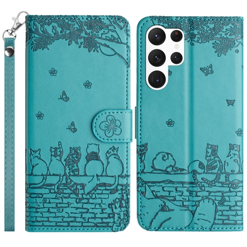 

For Samsung Galaxy S25 Ultra 5G Cat Embossing Pattern Leather Phone Case with Lanyard(Blue)