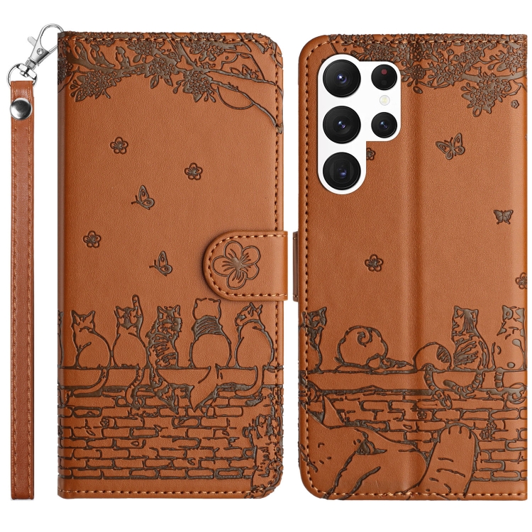 

For Samsung Galaxy S25 Ultra 5G Cat Embossing Pattern Leather Phone Case with Lanyard(Brown)