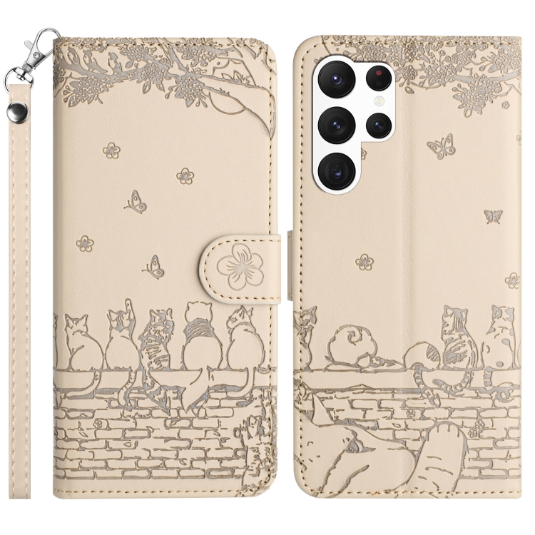 

For Samsung Galaxy S25 Ultra 5G Cat Embossing Pattern Leather Phone Case with Lanyard(Beige)