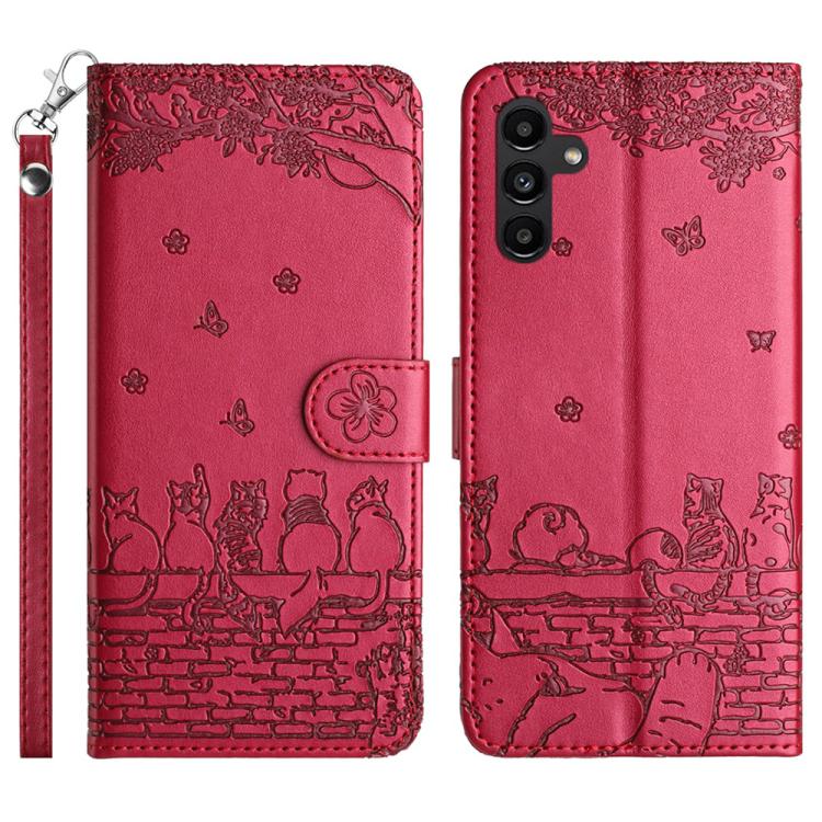 

For Samsung Galaxy S25 FE 5G Cat Embossing Pattern Leather Phone Case with Lanyard(Red)